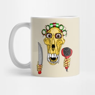 A baboon skull with curlers and hairdryer Mug